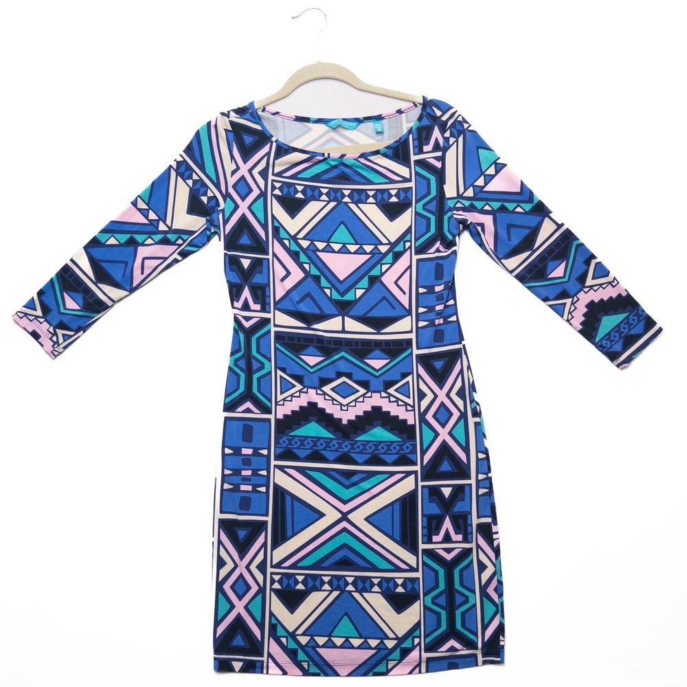 Tori Richard Dress XS Made in Honolulu Hawaii Geometric Print 3/4 Sleeve